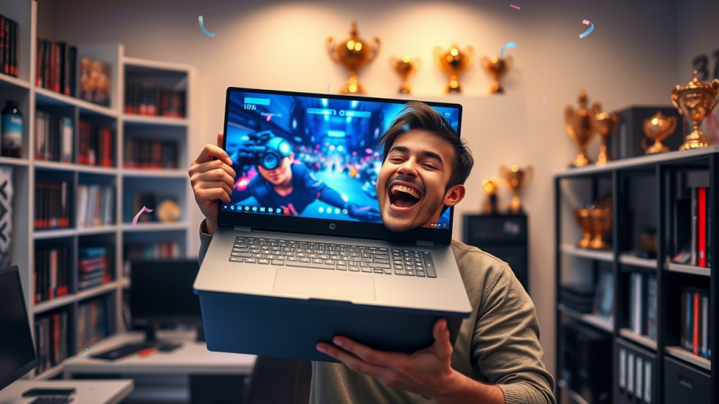 A gamer celebrating with their new high-end gaming laptop