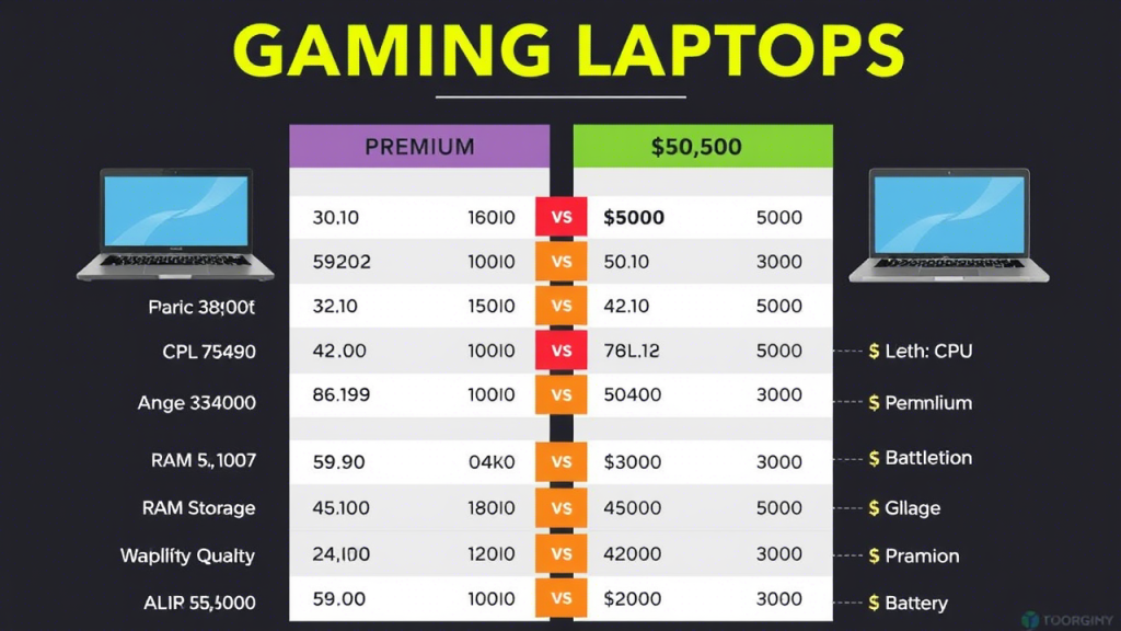  Side-by-side comparison infographic showing performance metrics, specifications, and price points of different gaming laptop categories with the $6500 range highlighted