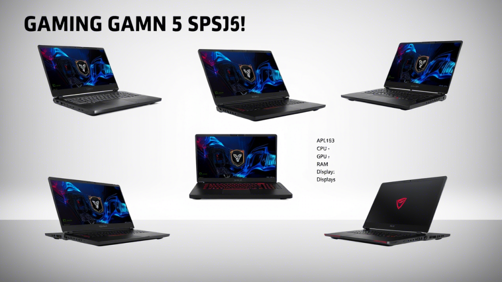 A collage of all five gaming laptops with their key specs highlighted.