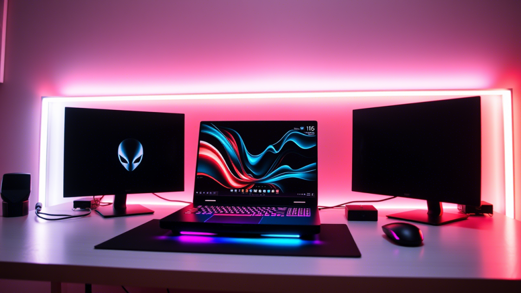 Alienware m16 with its iconic RGB lighting in a futuristic setup.