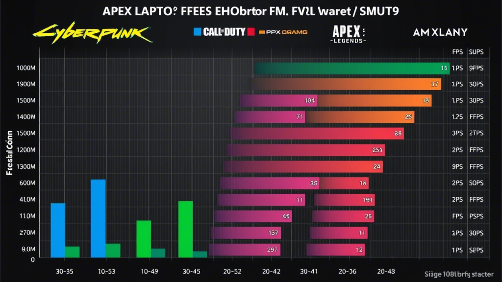 Gaming performance benchmark chart showing FPS comparisons across popular games (Cyberpunk 2077, Call of Duty, Apex Legends) for all 10 laptops, with colorful bar graphs and performance metrics
