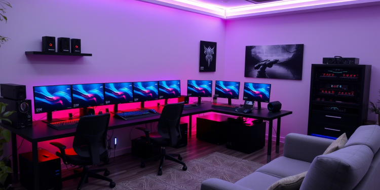 A sleek gaming setup showing multiple high-end gaming laptops on a modern desk with RGB lighting, external monitors, and gaming peripherals in a contemporary gaming room environment