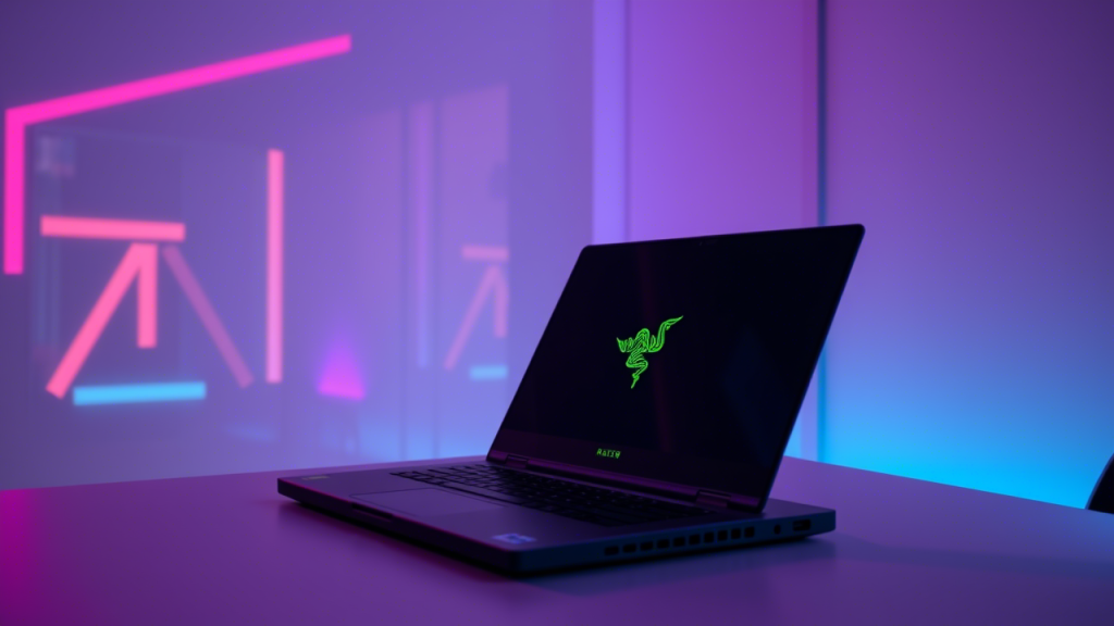 Razer Blade 16 open on a desk with a neon-lit background.