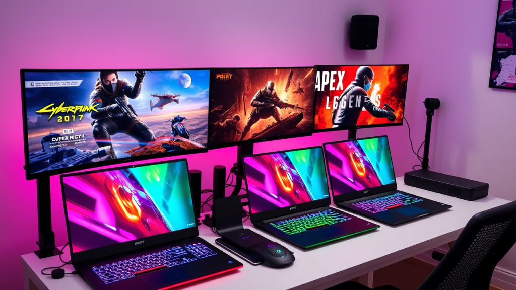Dynamic gaming scene showing multiple popular games running simultaneously on different screens, demonstrating the multitasking capabilities of high-end gaming laptops