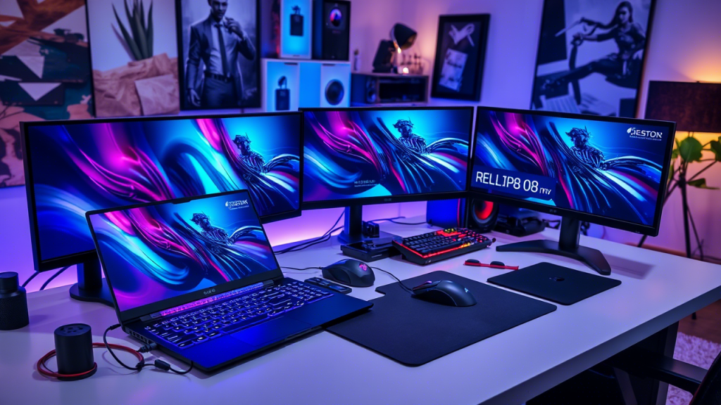 Professional workspace setup showing a gaming laptop connected to external monitors, mechanical keyboard, gaming mouse, and other premium accessories